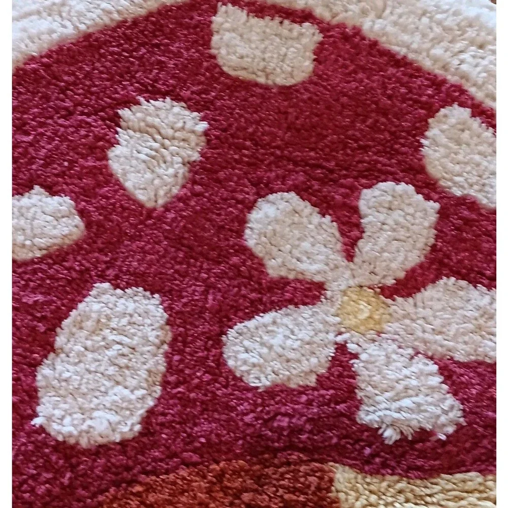 Mushroom Shaped Rug Red/Pink Mushroom & Off White Flowers Yellow Stem 36